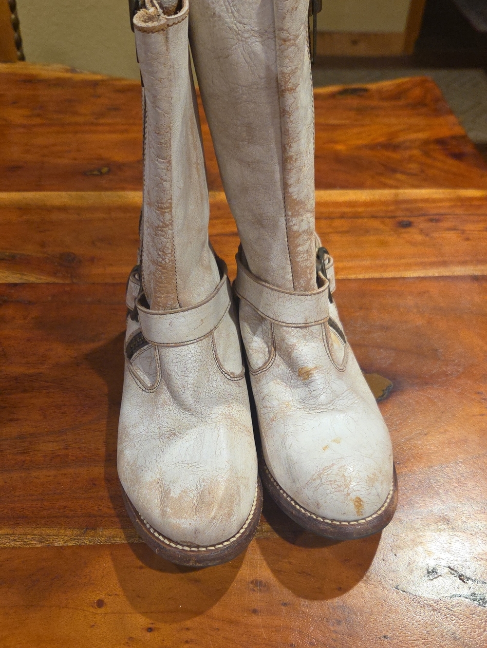 Bed Stu Cream Leather Heeled Mid-Calf Boots with Buckle Strap